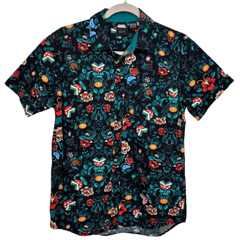 Super Mario Button Shirt BoxLunch AOP Men's XS Boys XL Fun Black Teal Flower